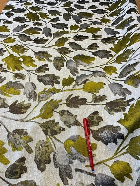 Olive/Grey Leaf Jacquard Furnishing. 64% Polyester 36% Cotton. 240g/m2, 145cm Wide. Roll Size: 2.3m