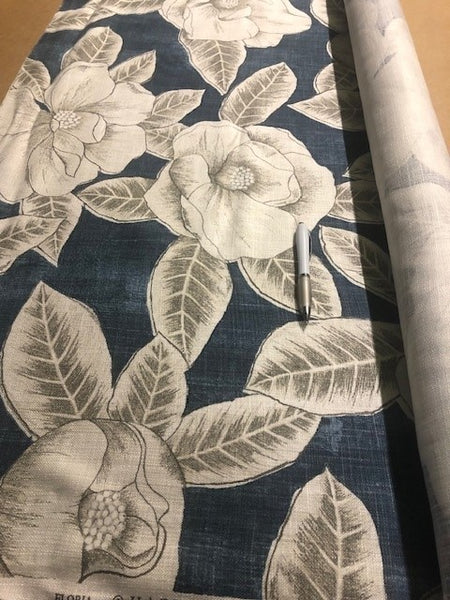 Indigo Sketched Magnolia on Viscose Weave. 320g/m2. "Harlequin - Floria" Roll Size - 5m