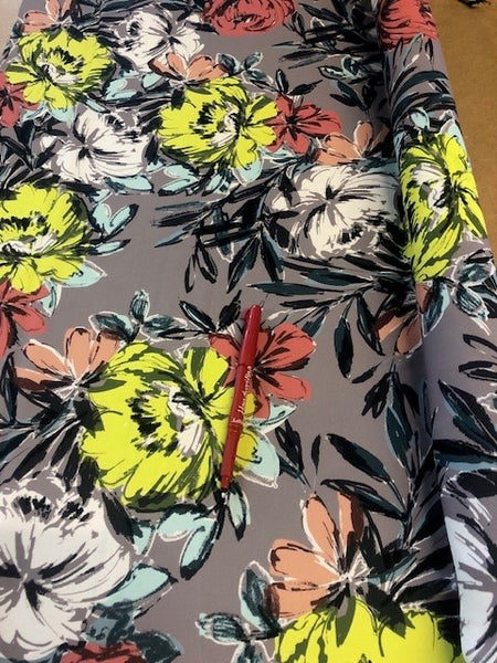 Yellow and Coral on Grey Crepe. 100% Polyester 170g/m2. Roll Size - 2.3m