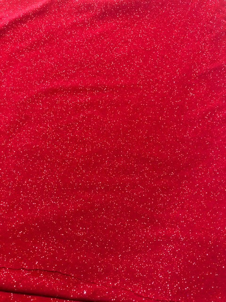 Red Allover Glitter Jersey. 220g/m2. Poly/Elastane. Roll Size - 3.2m