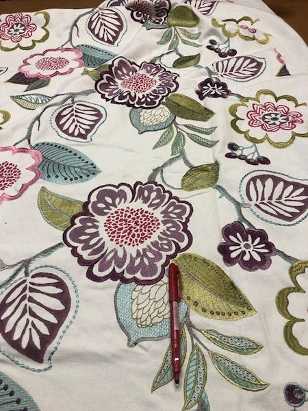 Multi Printed and Embroidered Floral Furnishing. 270g/m2. 100% Cotton. Roll Size - 1.6m