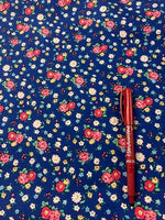 Red Rose Print on Royal Cotton Lawn. 110g/m2. Roll Size - 2.1m