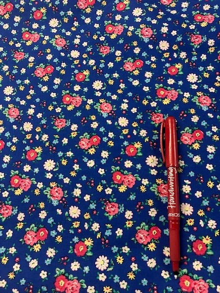 Red Rose Print on Royal Cotton Lawn. 110g/m2. Roll Size - 2.1m