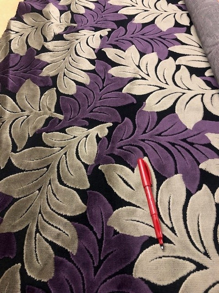 Purple/Silver Leaf Velvet. 360g/m2, 100% Polyester. Roll Size: 1.3m