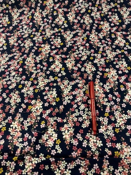 Pink Ditzy on Navy Cotton Lawn. 110g/m2. Roll Size - 3.5m