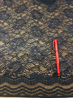 Indigo Scalloped Edge Corded Lace. 130g/m2, 42% Nylon 58% Rayon, 135cm Wide. Roll Size - 2m