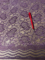 Deep Mauve Scalloped Edge Corded Lace. 130g/m2, 42% Nylon 58% Rayon, 135cm Wide. Roll Size - 4.9m