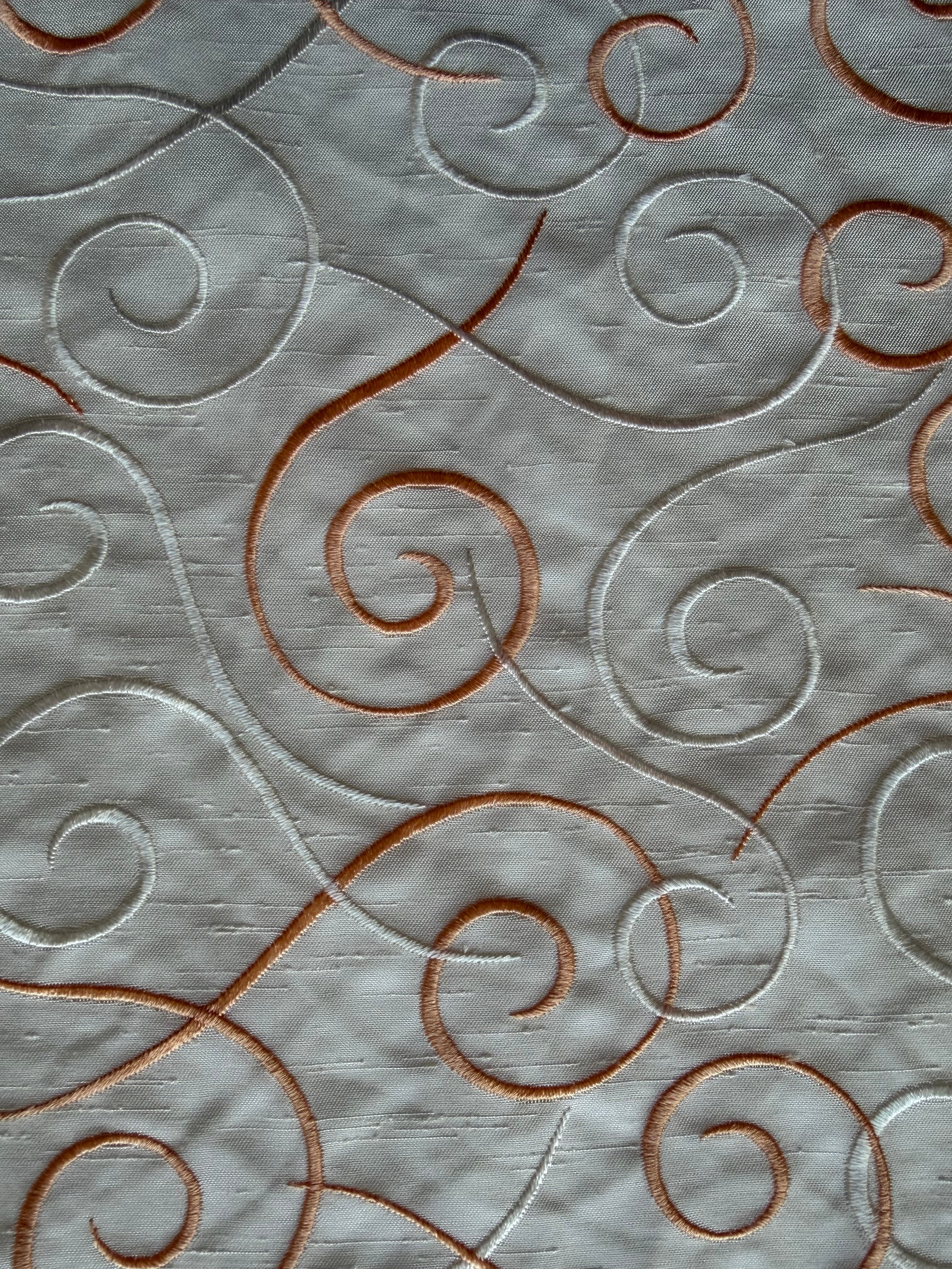 Austrian Embroidered Satin-Backed Dupion Fabric – Ivory with Ochre & Ivory Swirls | 112 cm Wide