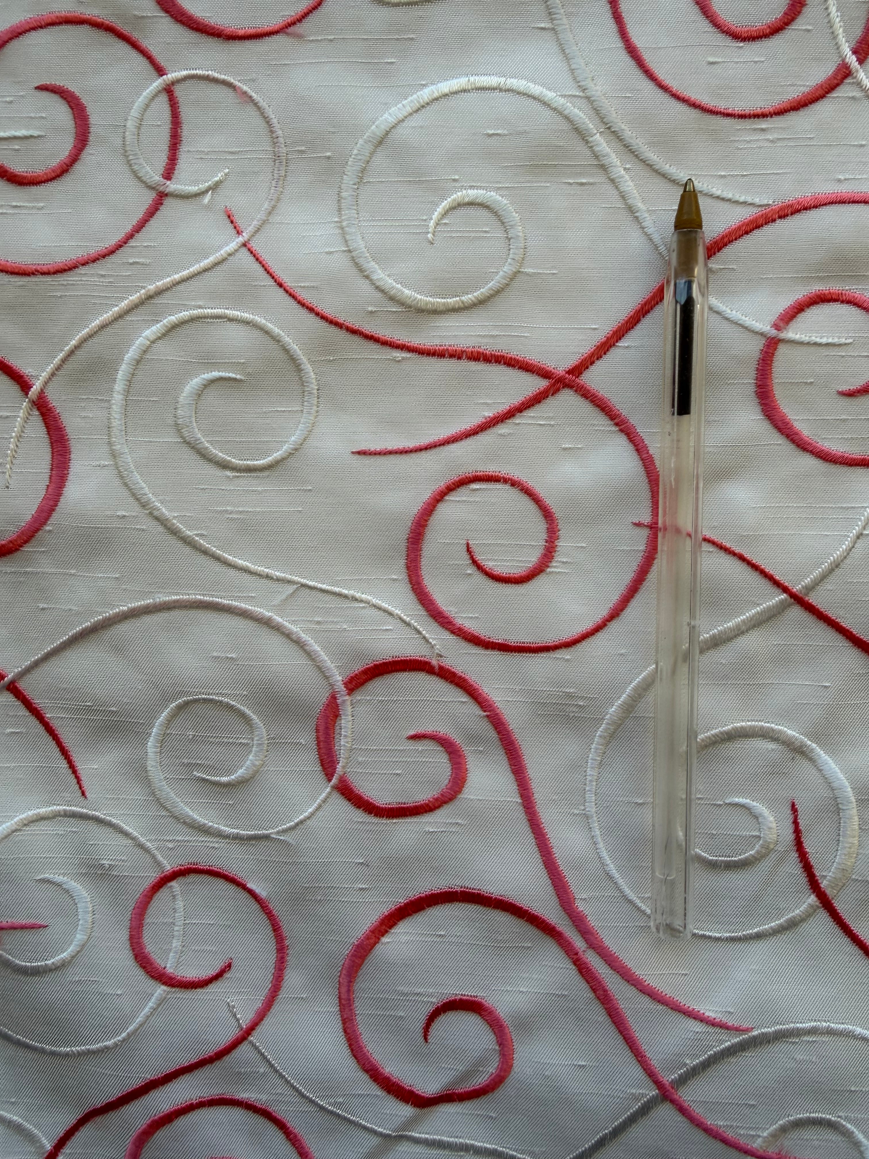 Austrian Embroidered Satin-Backed Dupion Fabric – Ivory with Ivory & Coral Swirls | 112 cm Wide