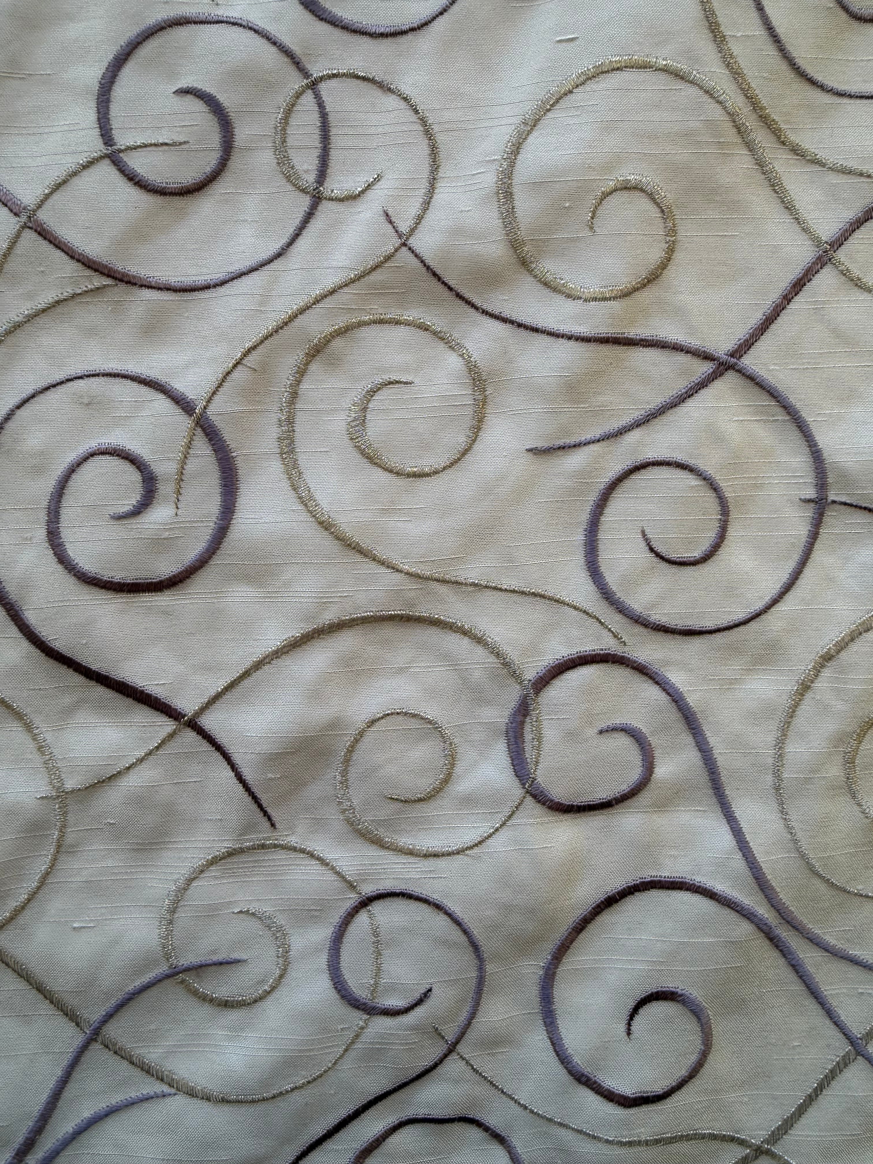 Austrian Embroidered Satin-Backed Dupion Fabric – Ivory with Gold  Purple Swirls | 112 cm Wide