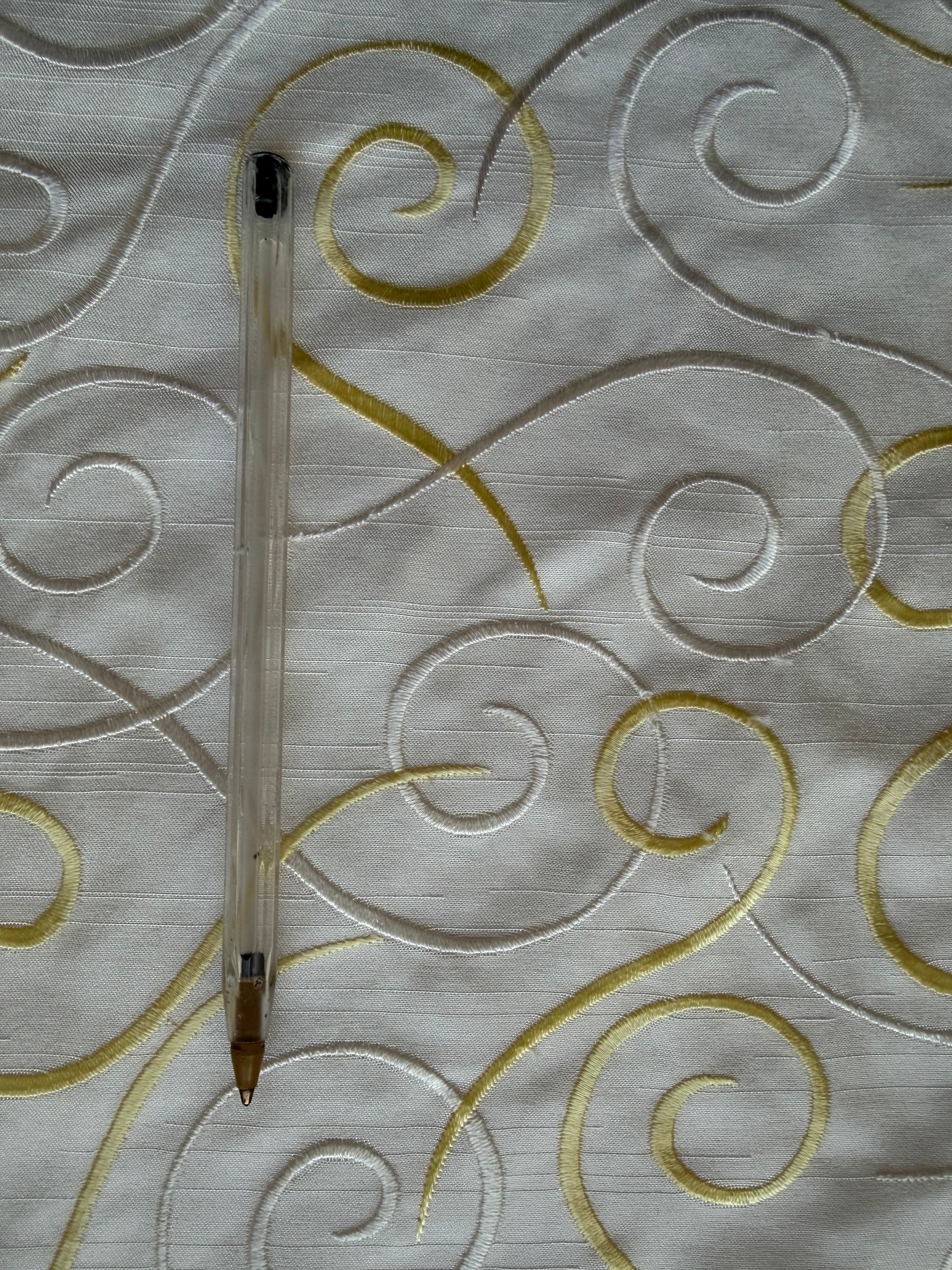 Austrian Embroidered Satin-Backed Dupion Fabric – Ivory with Lemon & Ivory Swirls | 112 cm Wide