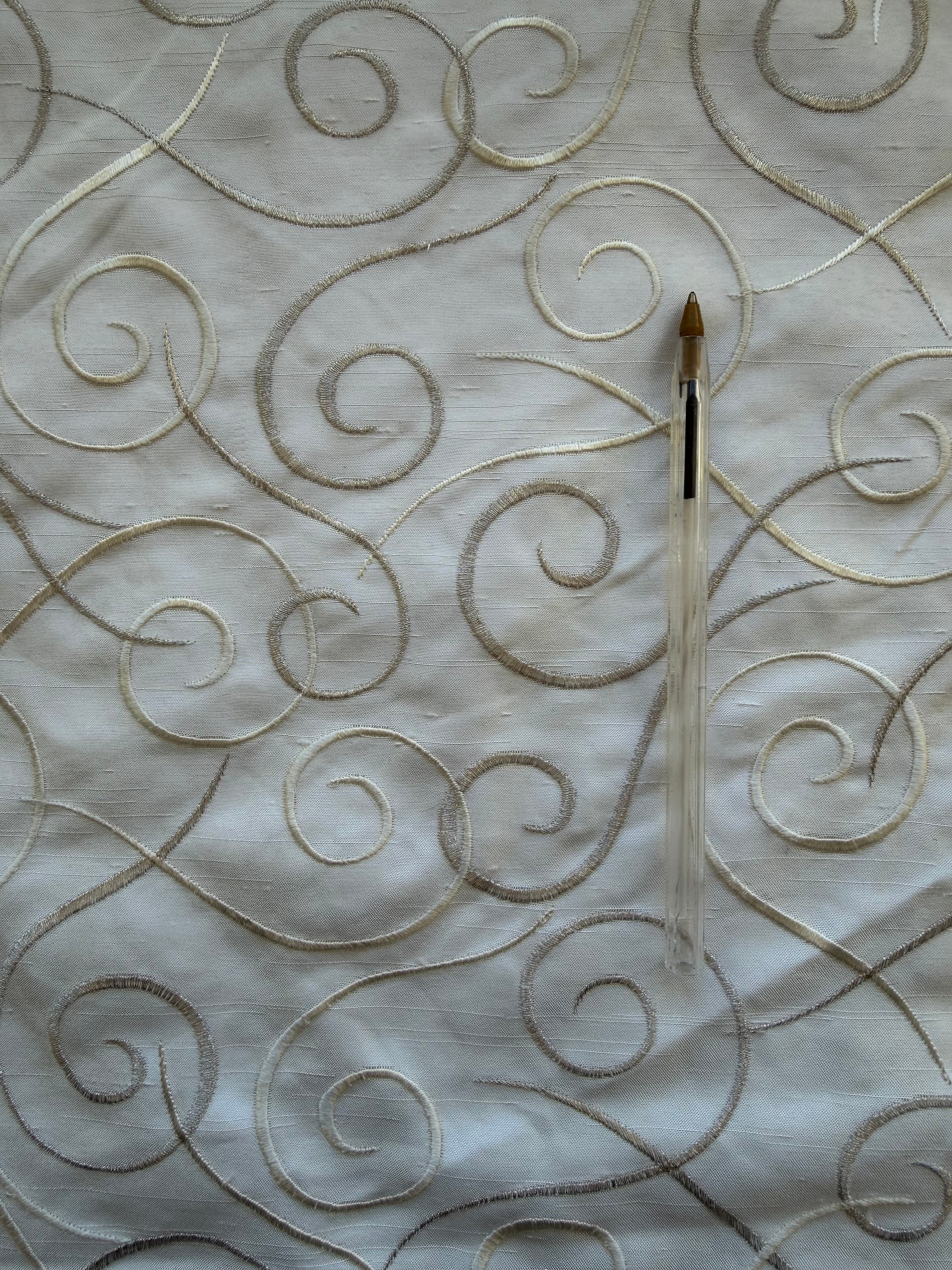 Austrian Embroidered Satin-Backed Dupion Fabric – Ivory with Gold & Champagne Swirls | 112 cm Wide