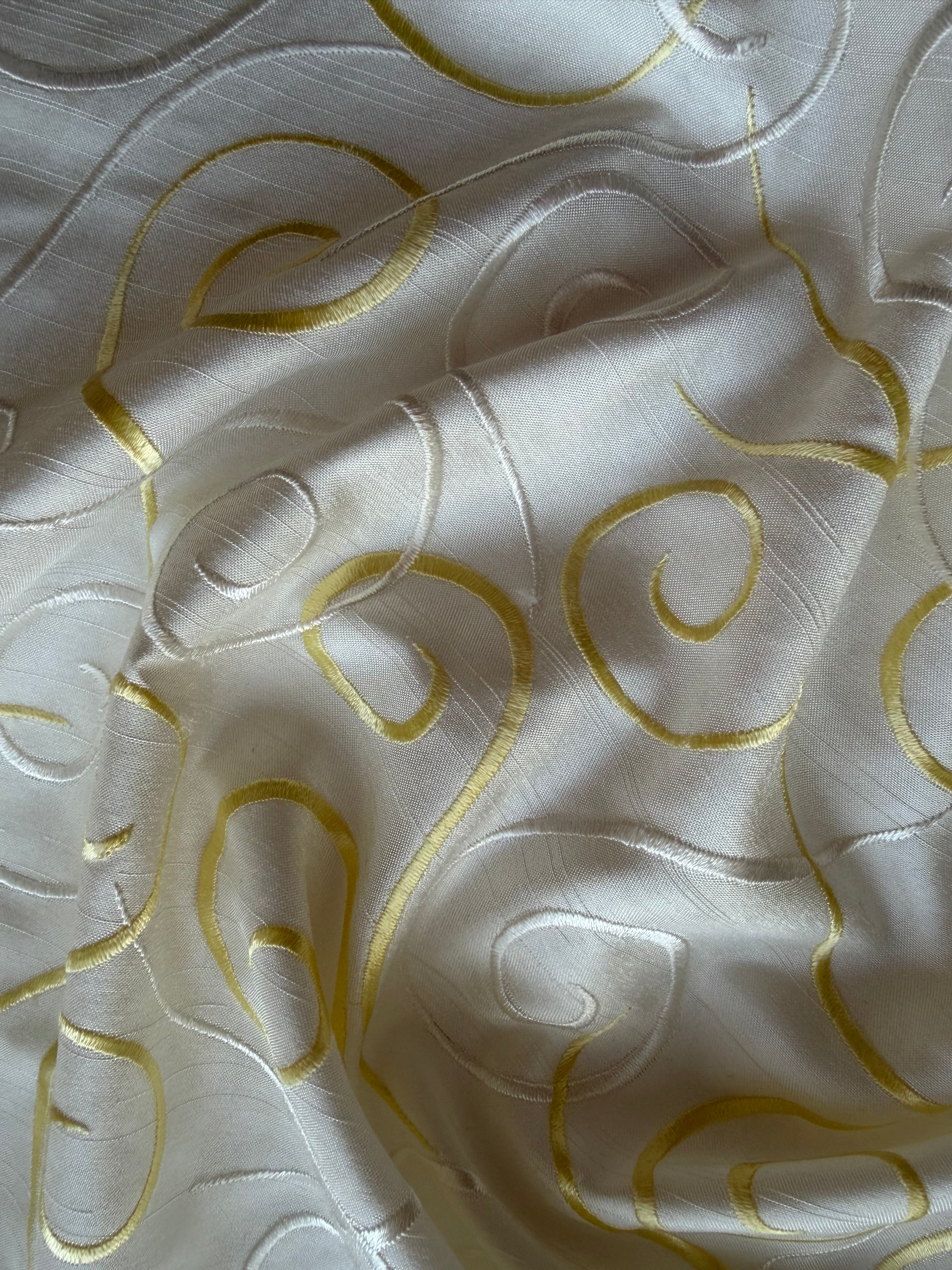 Austrian Embroidered Satin-Backed Dupion Fabric – Ivory with Lemon & Ivory Swirls | 112 cm Wide