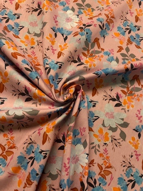 Pink, Blue & White Floral Cotton Lawn Lightweight 100% Cotton Fabric