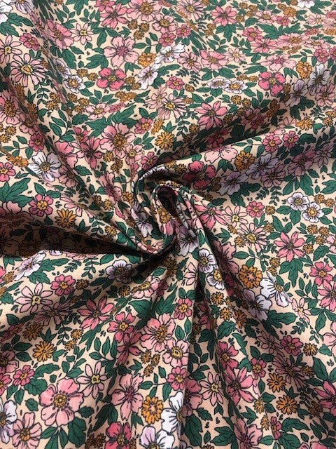 Green and Pink Floral Cotton Lawn – Lightweight 100% Cotton Fabric