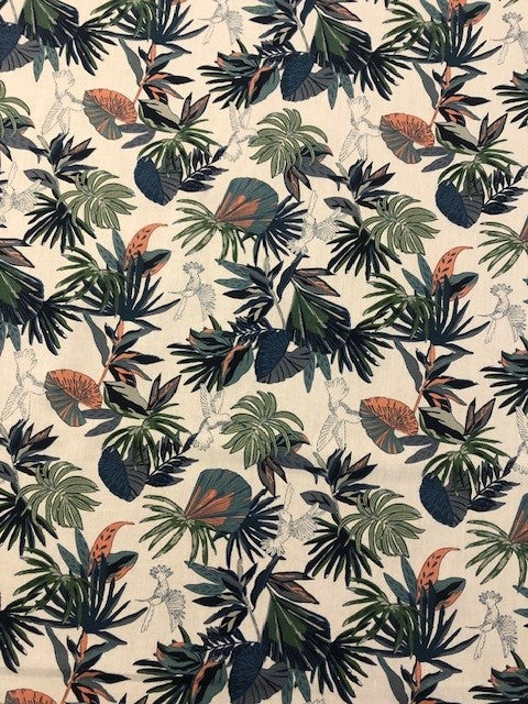Blue Green & Peach Leaves with Pencil Birds on Ivory Cotton Lawn