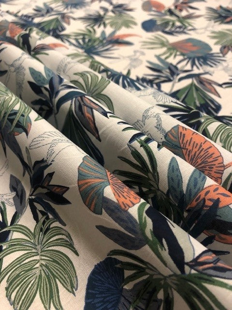 Blue Green & Peach Leaves with Pencil Birds on Ivory Cotton Lawn