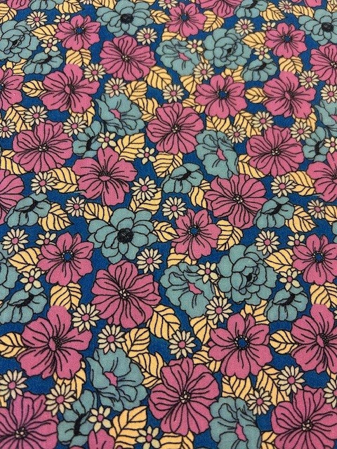 Pink & Blue Floral Cotton Lawn Fabric 145cm – Lightweight Floral Dress Fabric on Deep Blue Base