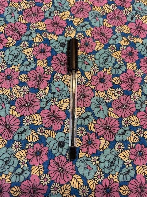Pink & Blue Floral Cotton Lawn Fabric 145cm – Lightweight Floral Dress Fabric on Deep Blue Base