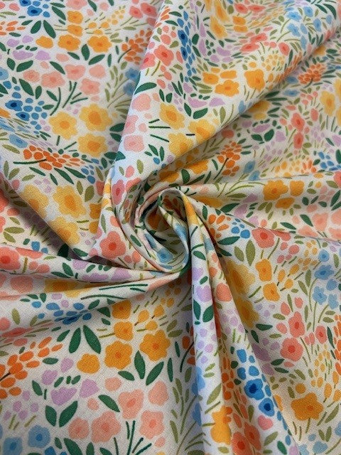 Multicoloured Floral Cotton Lawn Fabric 145cm – Lightweight Floral Print on White Base
