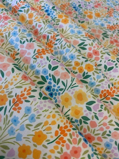 Multicoloured Floral Cotton Lawn Fabric 145cm – Lightweight Floral Print on White Base