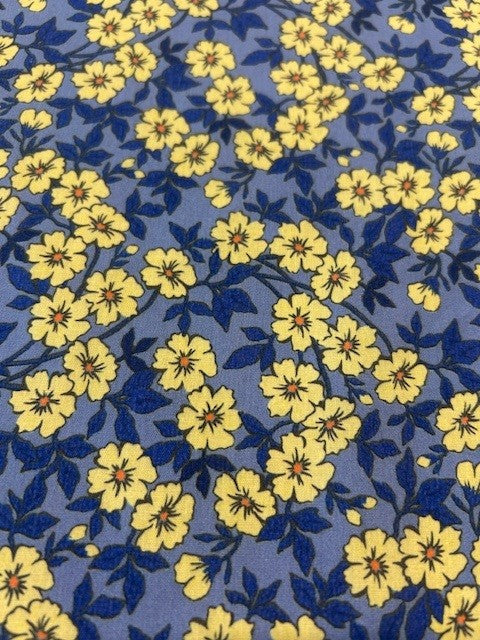 Yellow Floral Cotton Lawn Fabric – Cornflower Blue Base | 100% Cotton | 145cm Wide