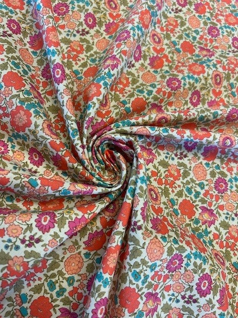 Multi-Coloured Floral Cotton Lawn Fabric – Ivory Base | 100% Cotton | 145cm Wide