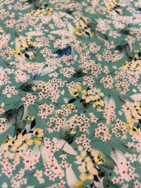 Enigmatic Floral Cotton Lawn Fabric –  Sea Green Base | 100% Cotton | 145cm Wide