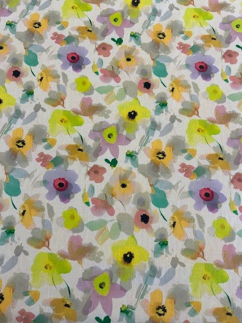Watercolour Pansy Cotton Lawn Fabric – White Base | 100% Cotton | 145cm Wide
