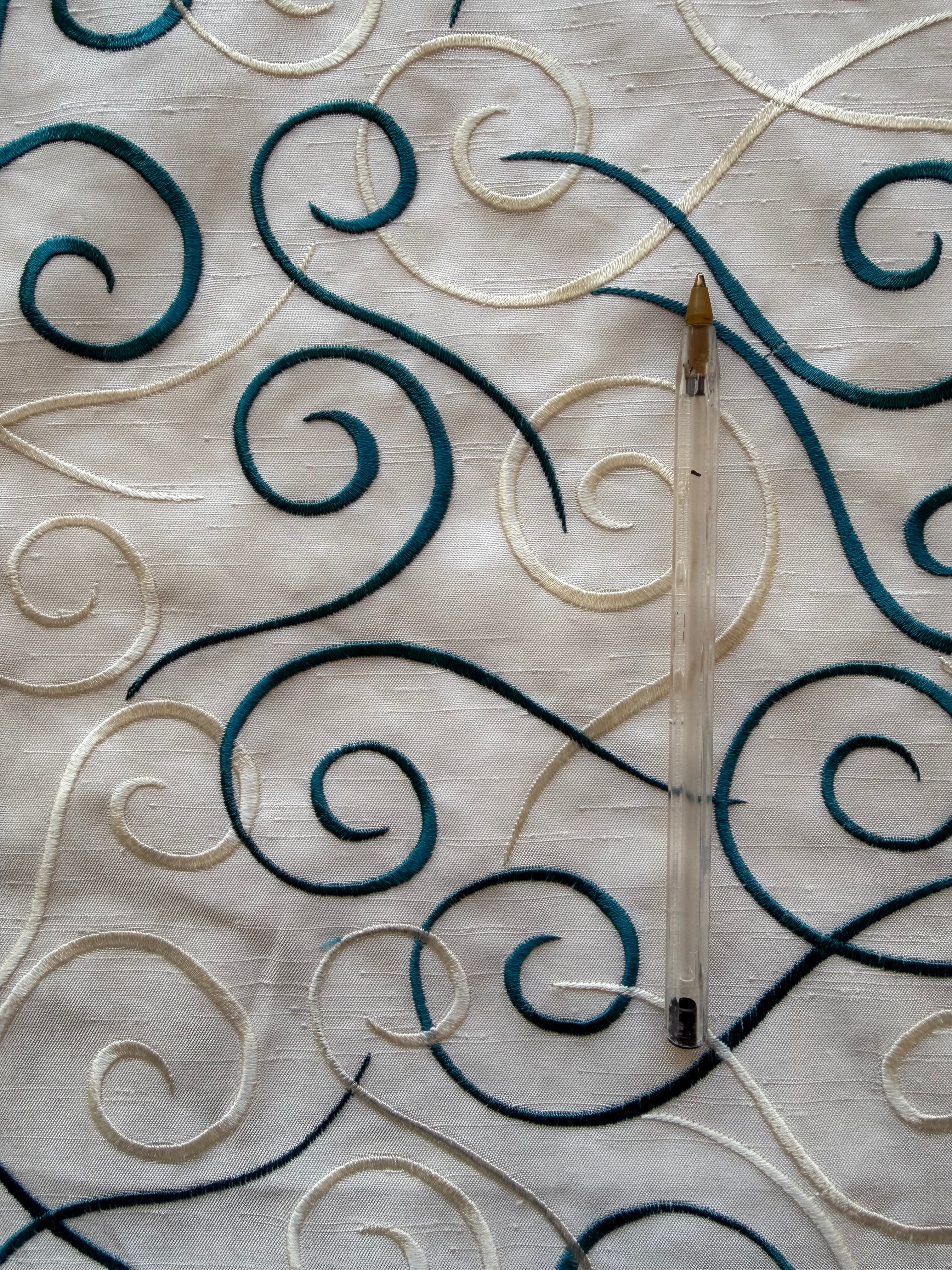 Austrian Embroidered Satin-Backed Dupion Fabric – Ivory with Teal & Champagne Swirls | 112 cm Wide