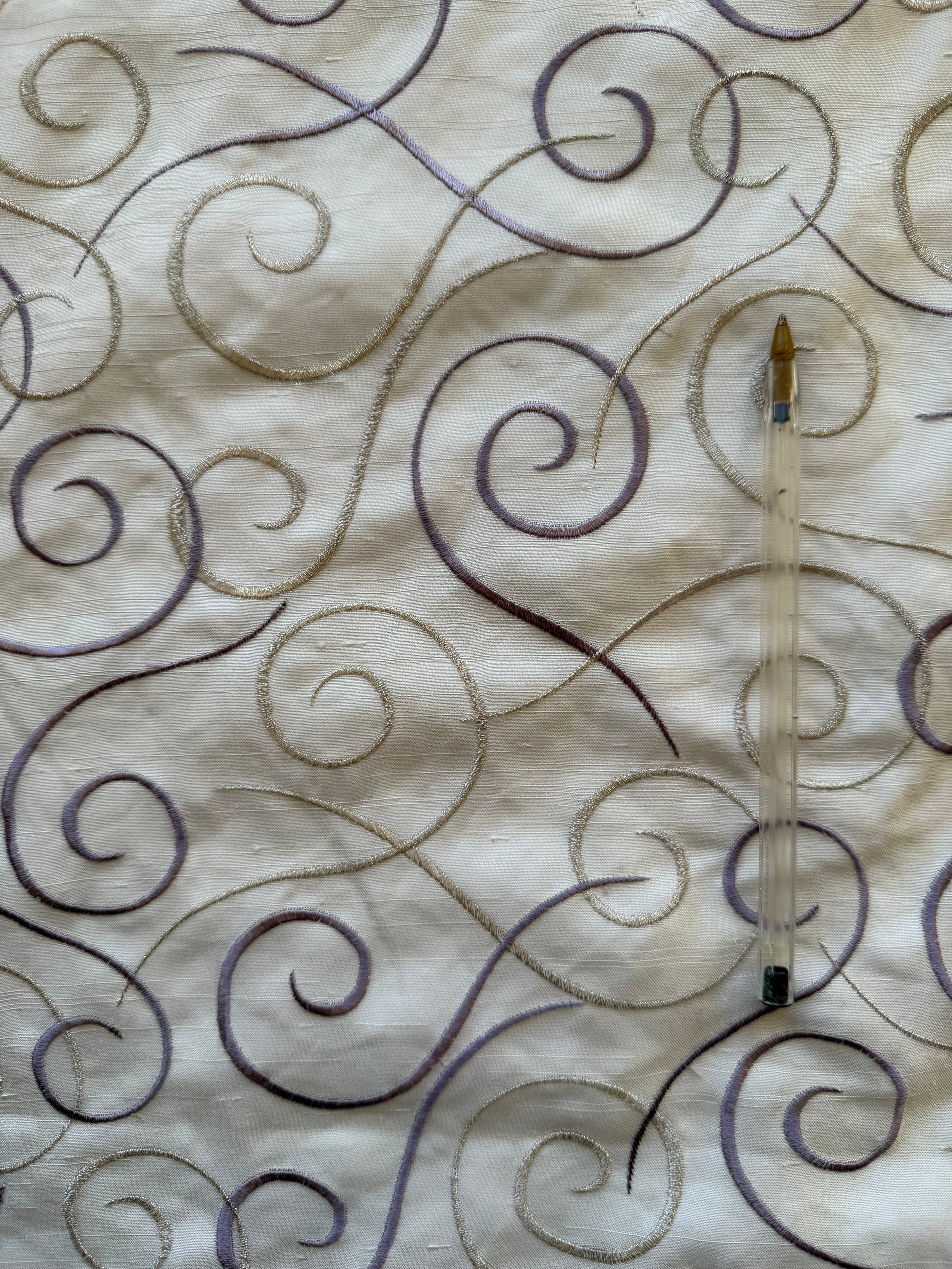 Austrian Embroidered Satin-Backed Dupion Fabric – Ivory with Gold  Purple Swirls | 112 cm Wide