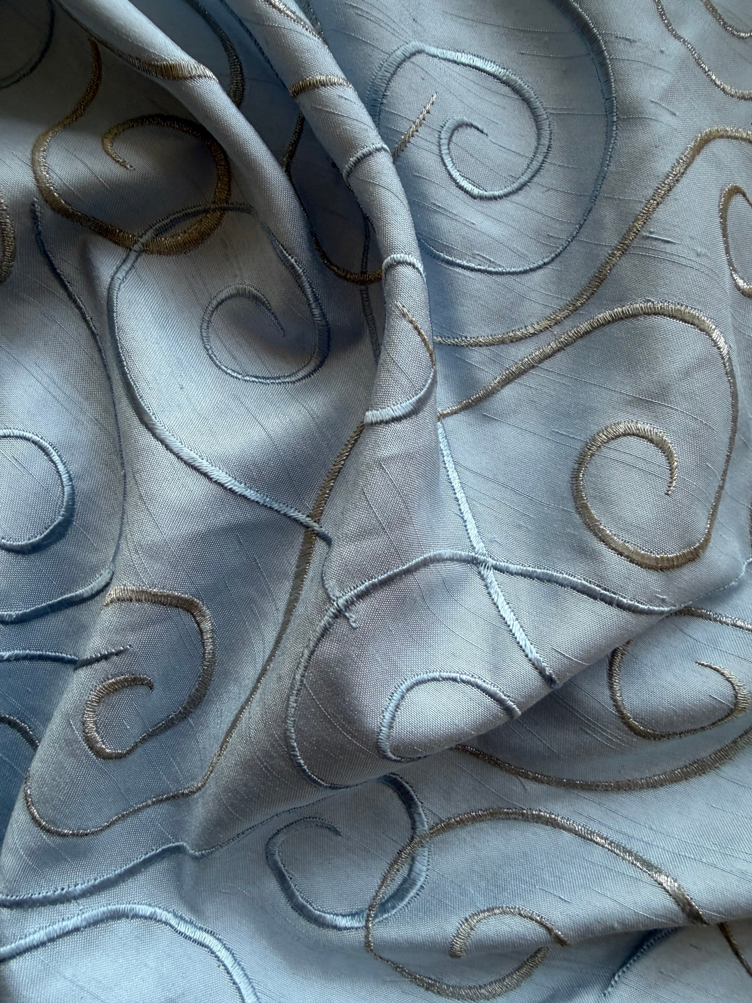 Austrian Embroidered Satin-Backed Dupion Fabric – Steel Blue with Blue & Silver Swirls | 112 cm Wide