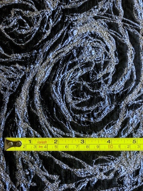 Blue Swirl On Black Jacquard With Silver Lurex