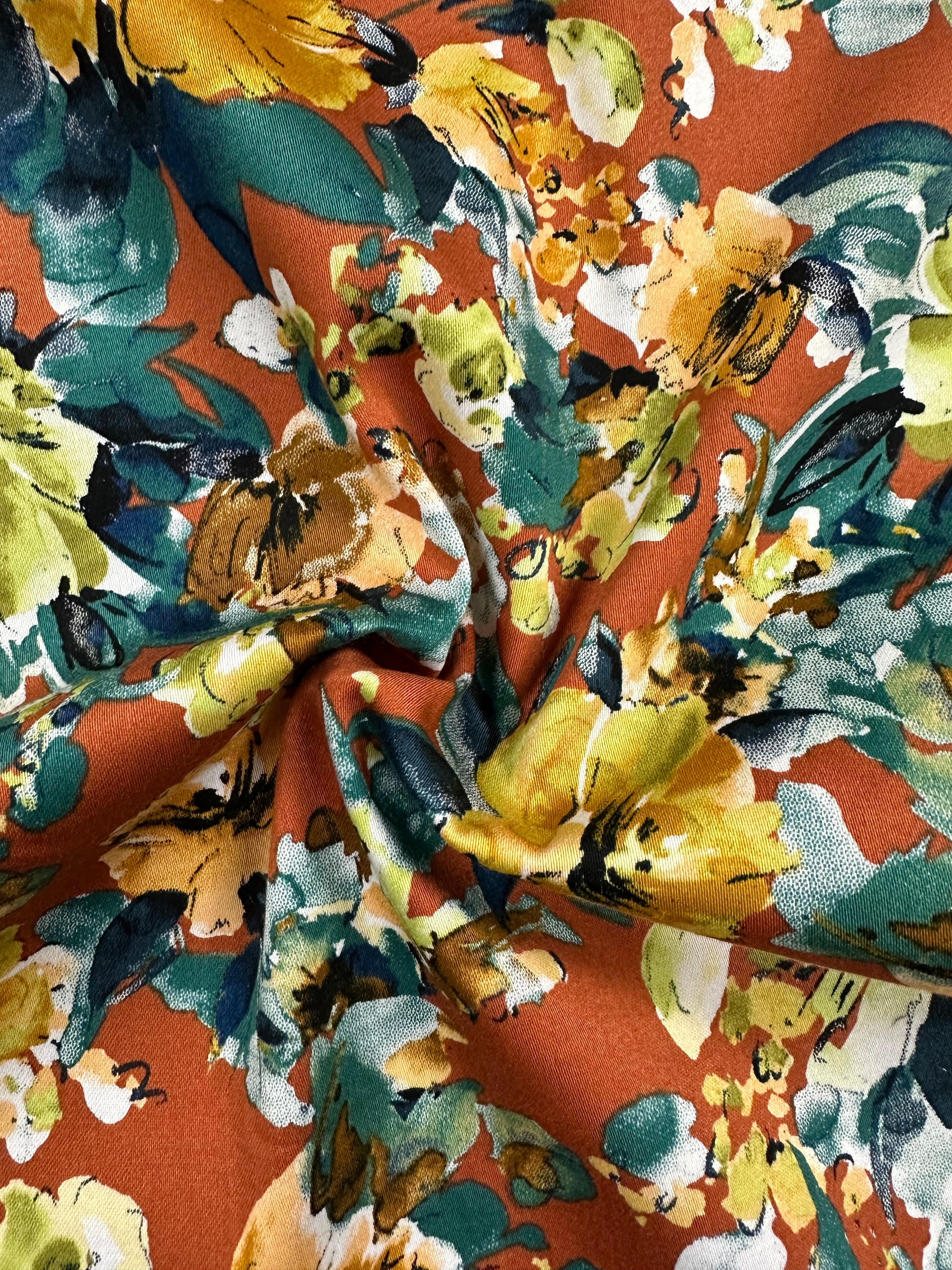 Stretch Cotton Fabric – Ochre Terracotta Floral Print – 145 cm Wide