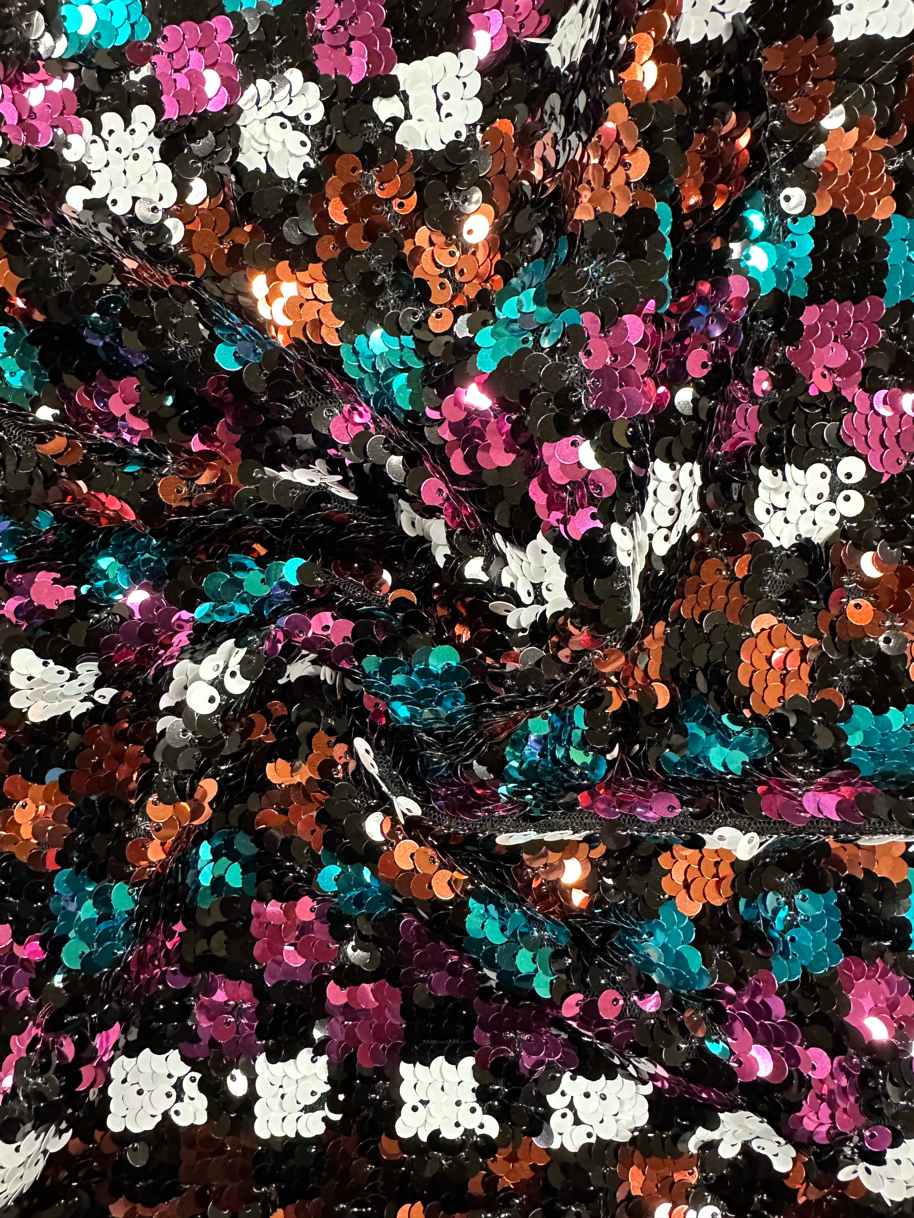 Heavily Sequinned Fashion Fabric – Stylised Squares in Pink, White, Black, Turquoise & Orange XN240