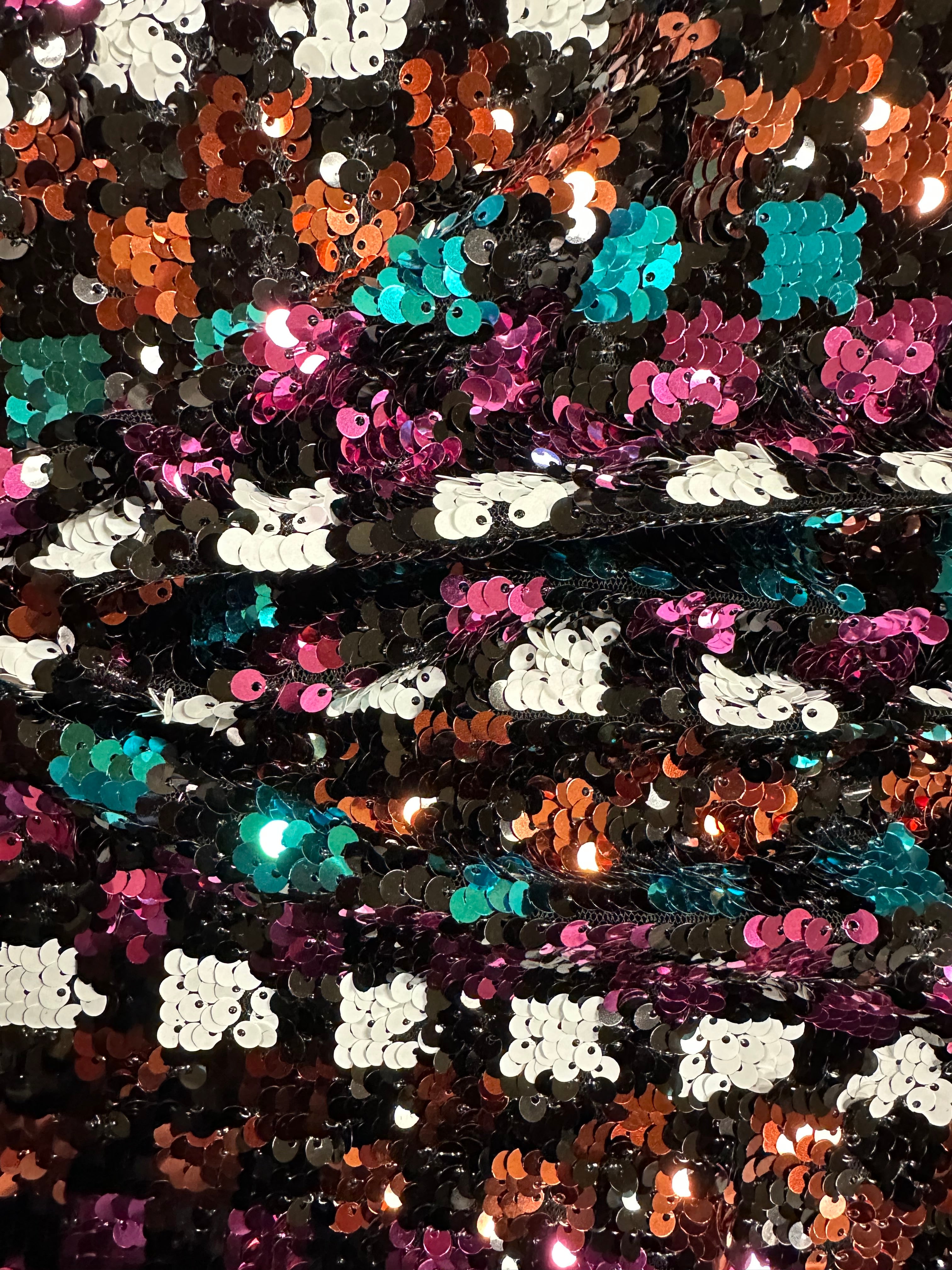 Heavily Sequinned Fashion Fabric – Stylised Squares in Pink, White, Black, Turquoise & Orange XN240