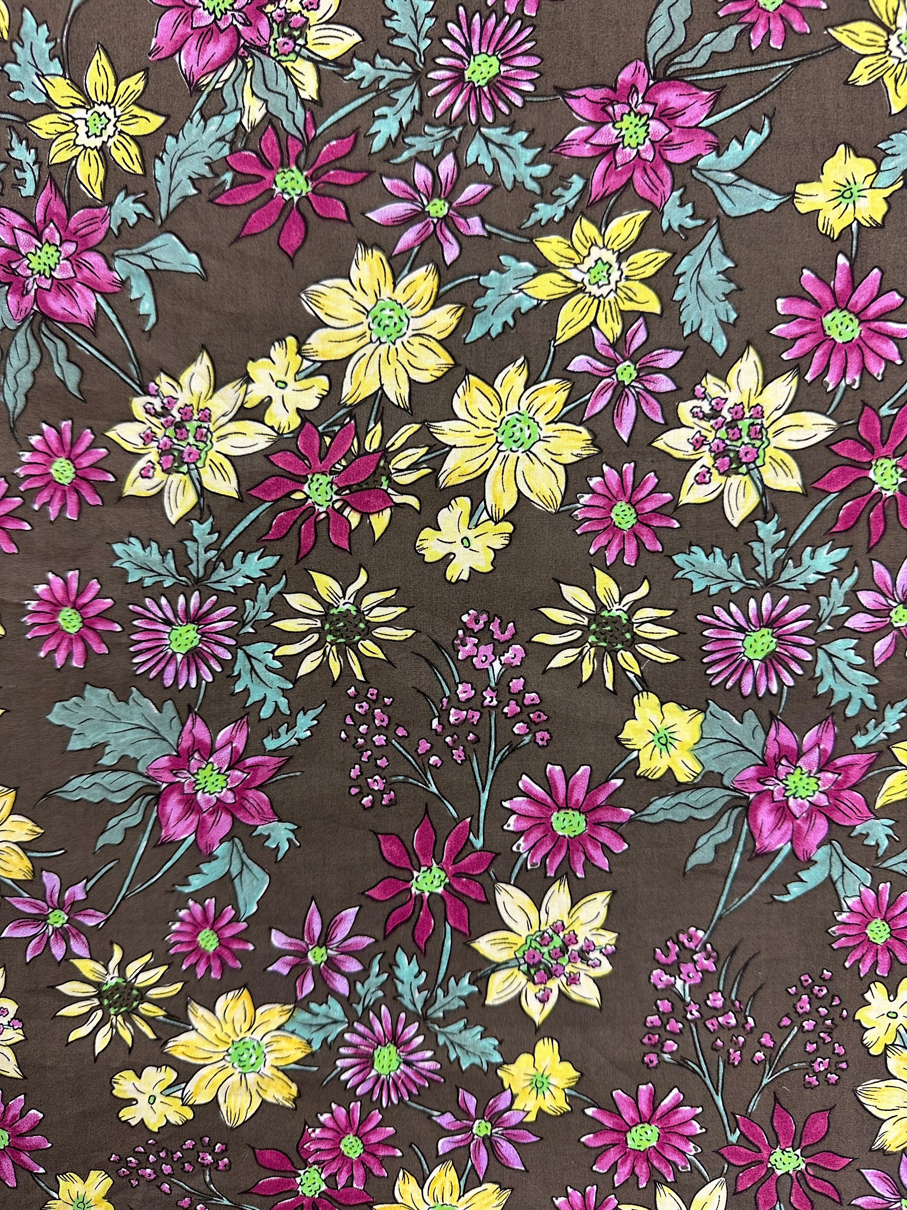 100% Cotton Fabric – Brown Base with Colourful Garden Floral Print – 144 cm Wide