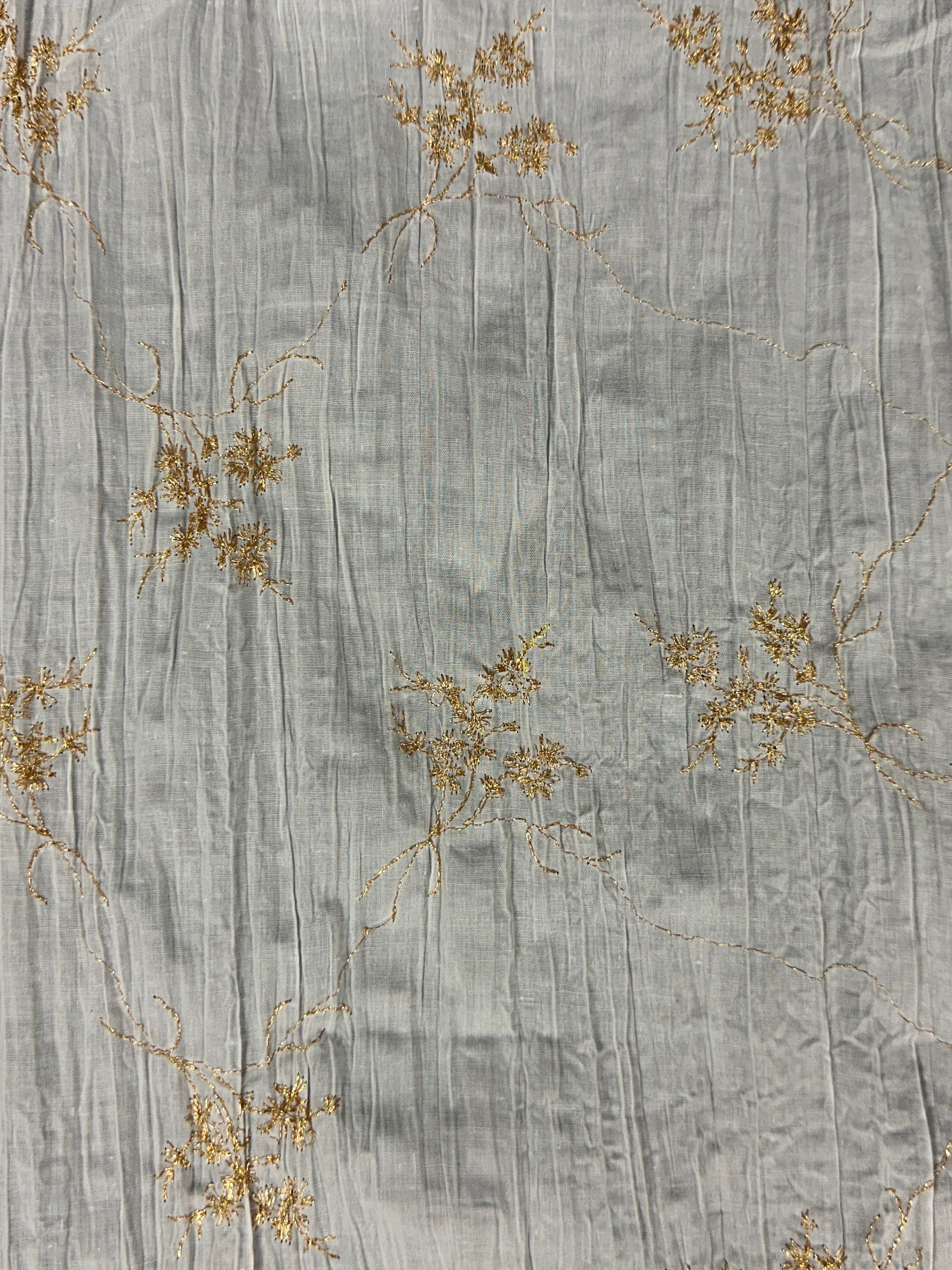 Gold Embroidered White Fabric – 70% Polyester, 30% Cotton, 120cm Wide