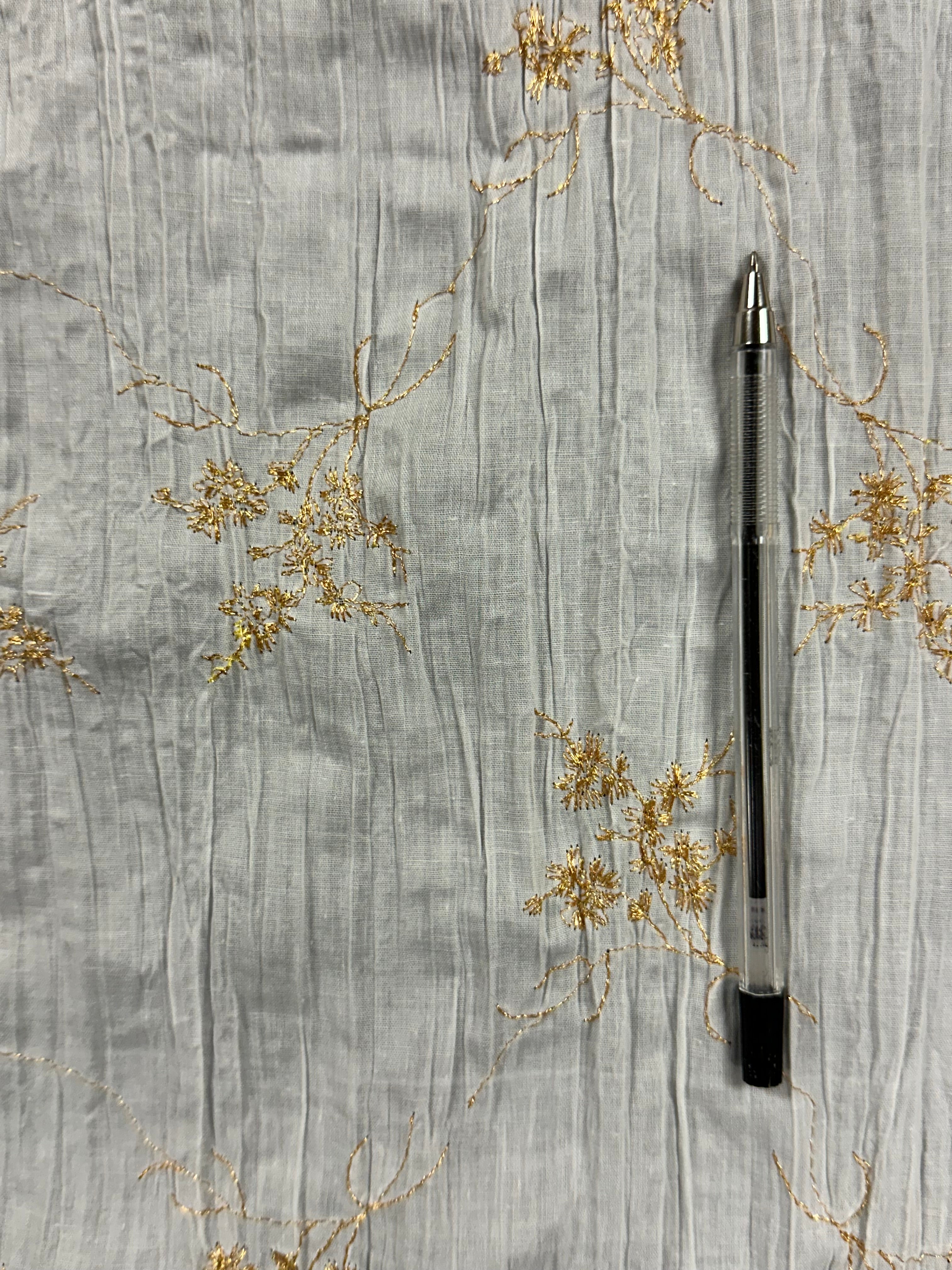 Gold Embroidered White Fabric – 70% Polyester, 30% Cotton, 120cm Wide
