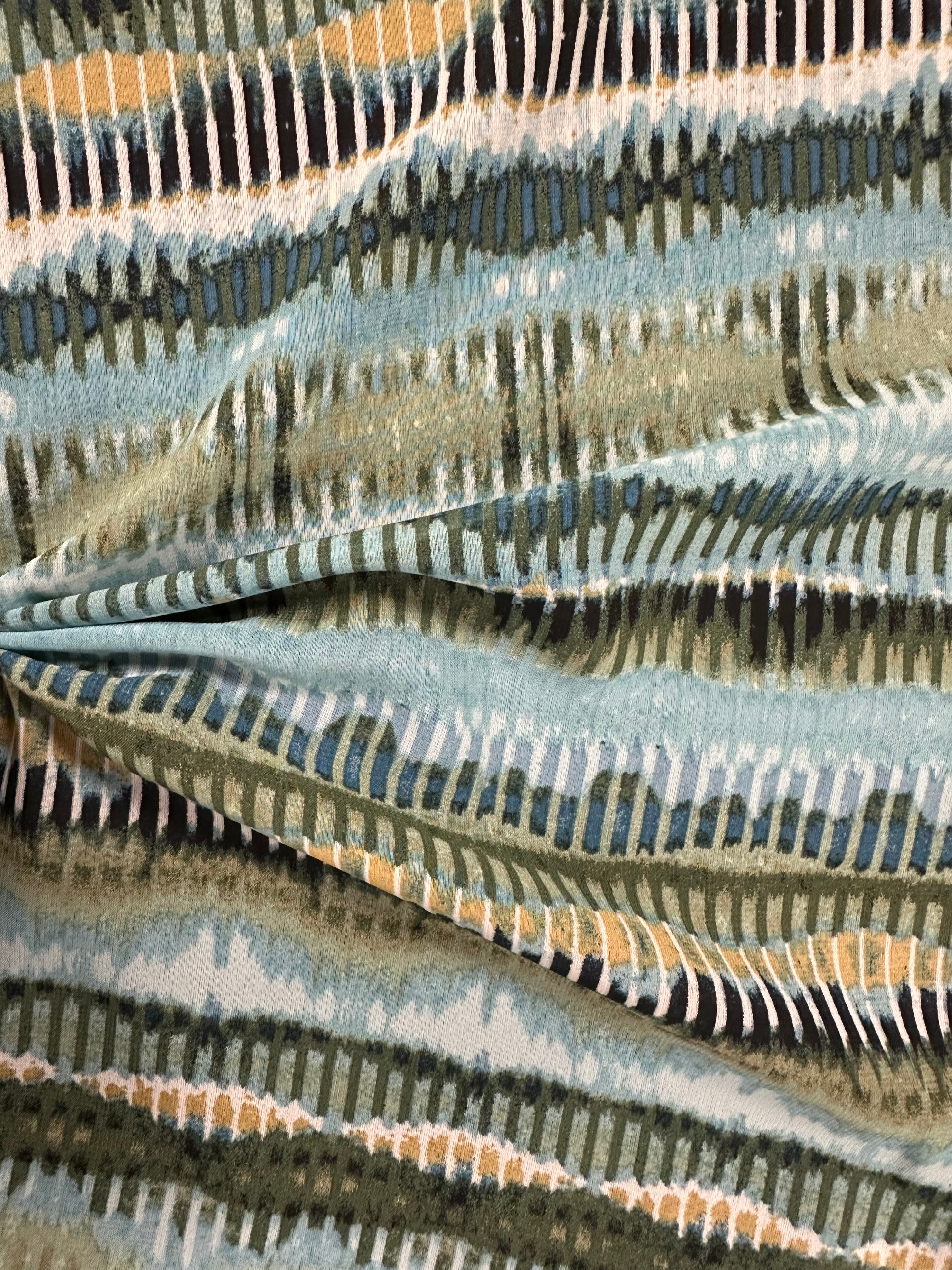 Lightweight Abstract Wave Polyester Fabric – Green, Yellow & Blue – 150 cm Wide
