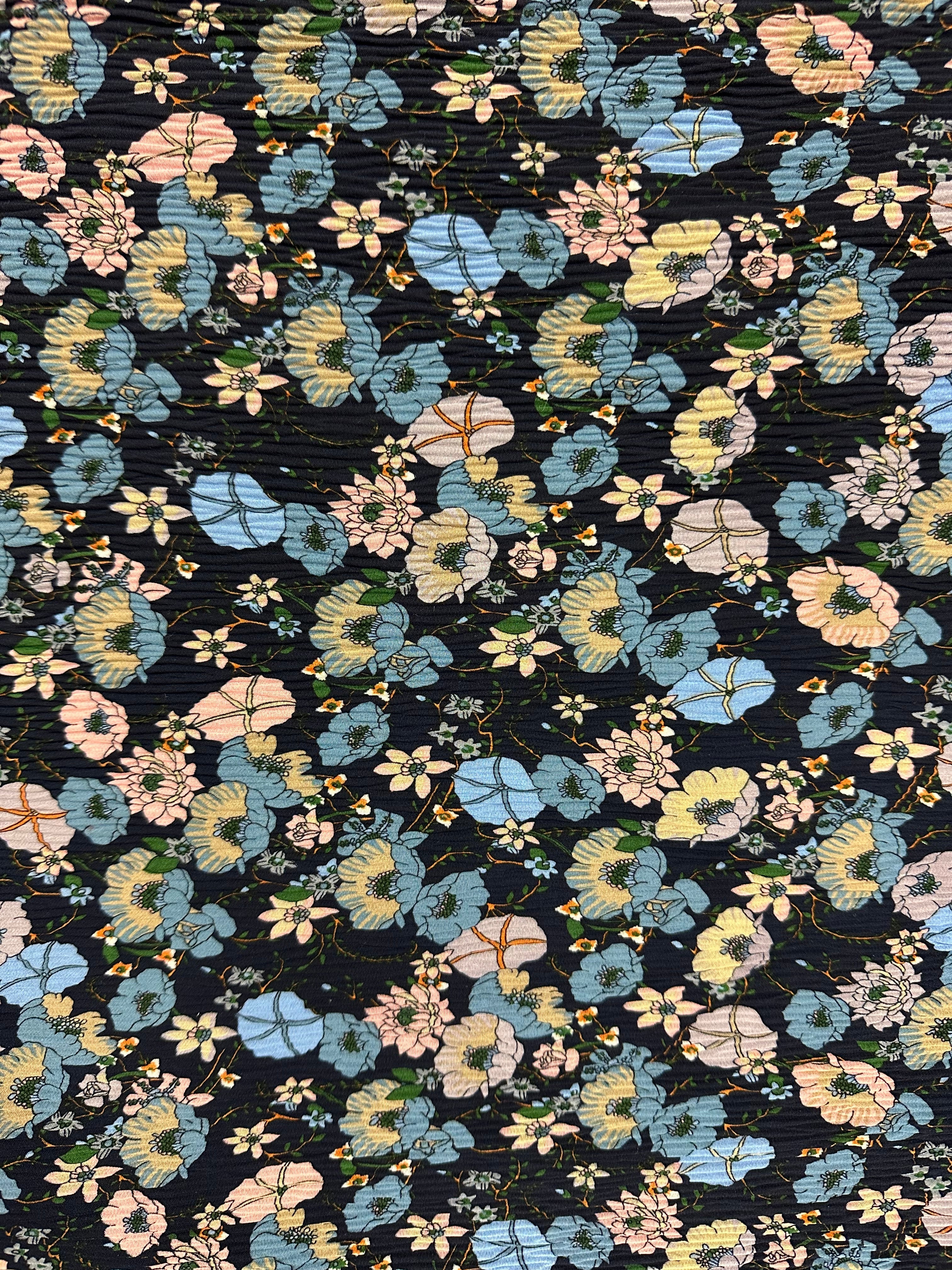 100% Polyester Fabric – Navy Base with Pink, Blue & Cream Floral Design