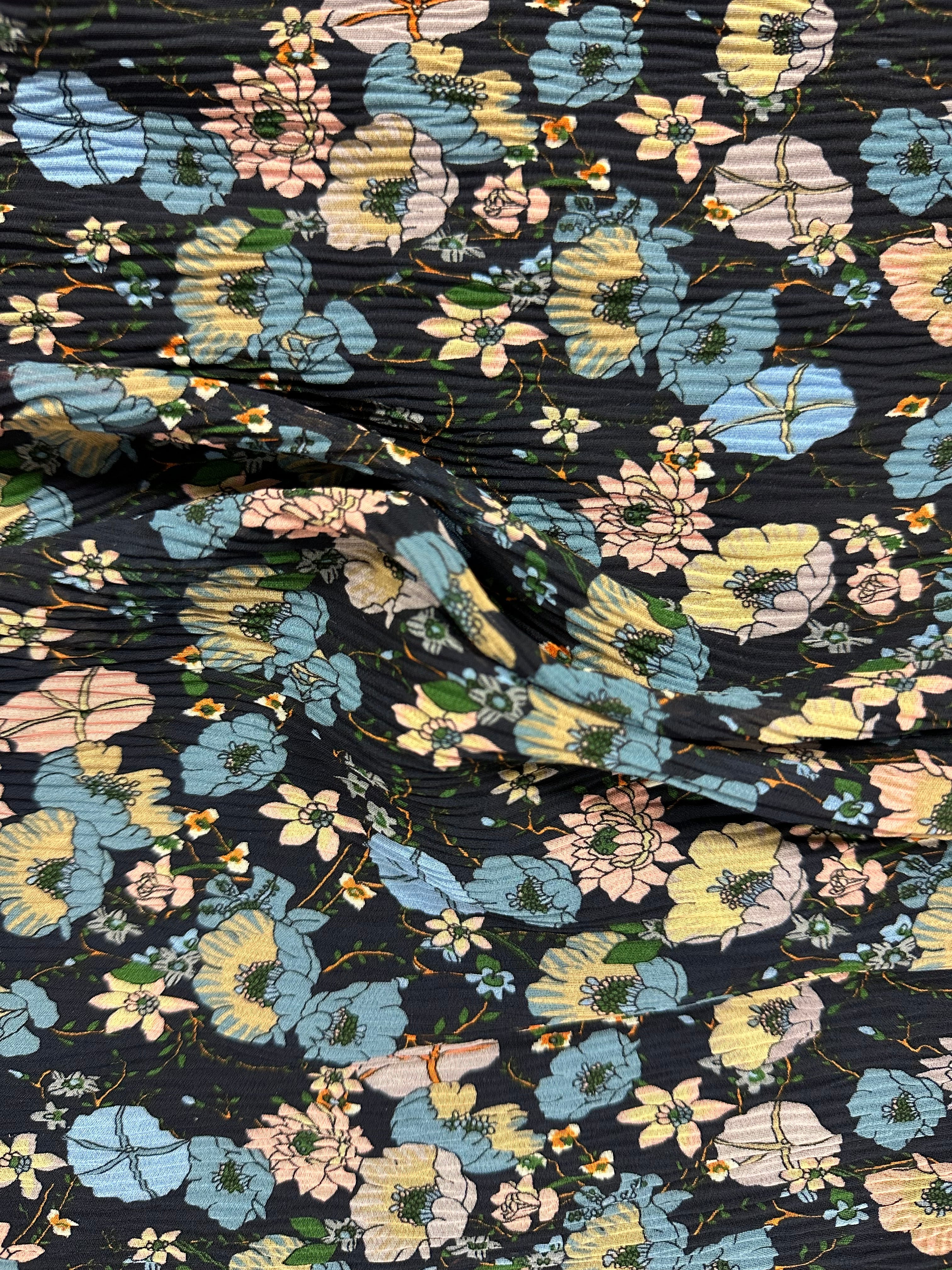 100% Polyester Fabric – Navy Base with Pink, Blue & Cream Floral Design