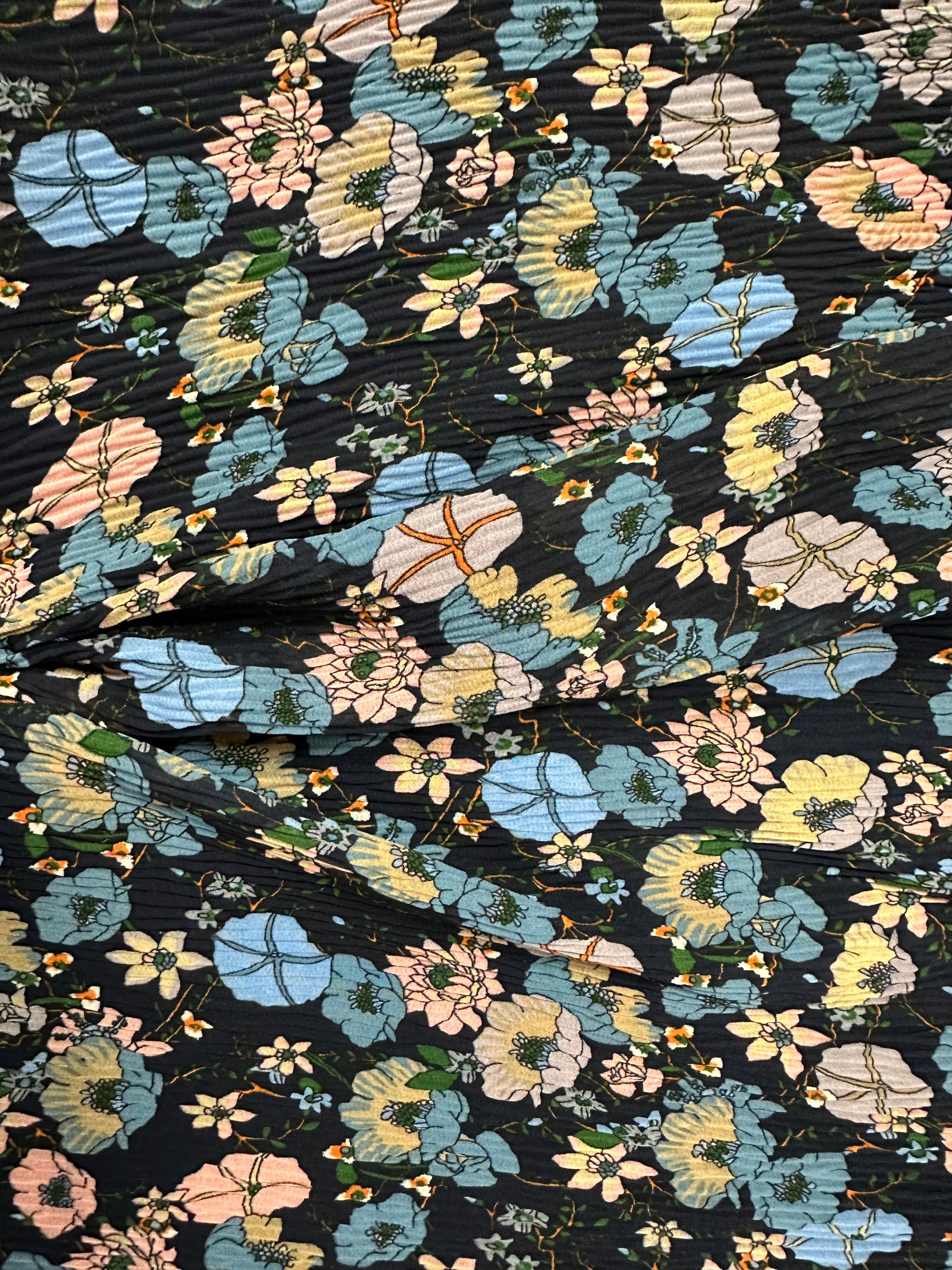 100% Polyester Fabric – Navy Base with Pink, Blue & Cream Floral Design