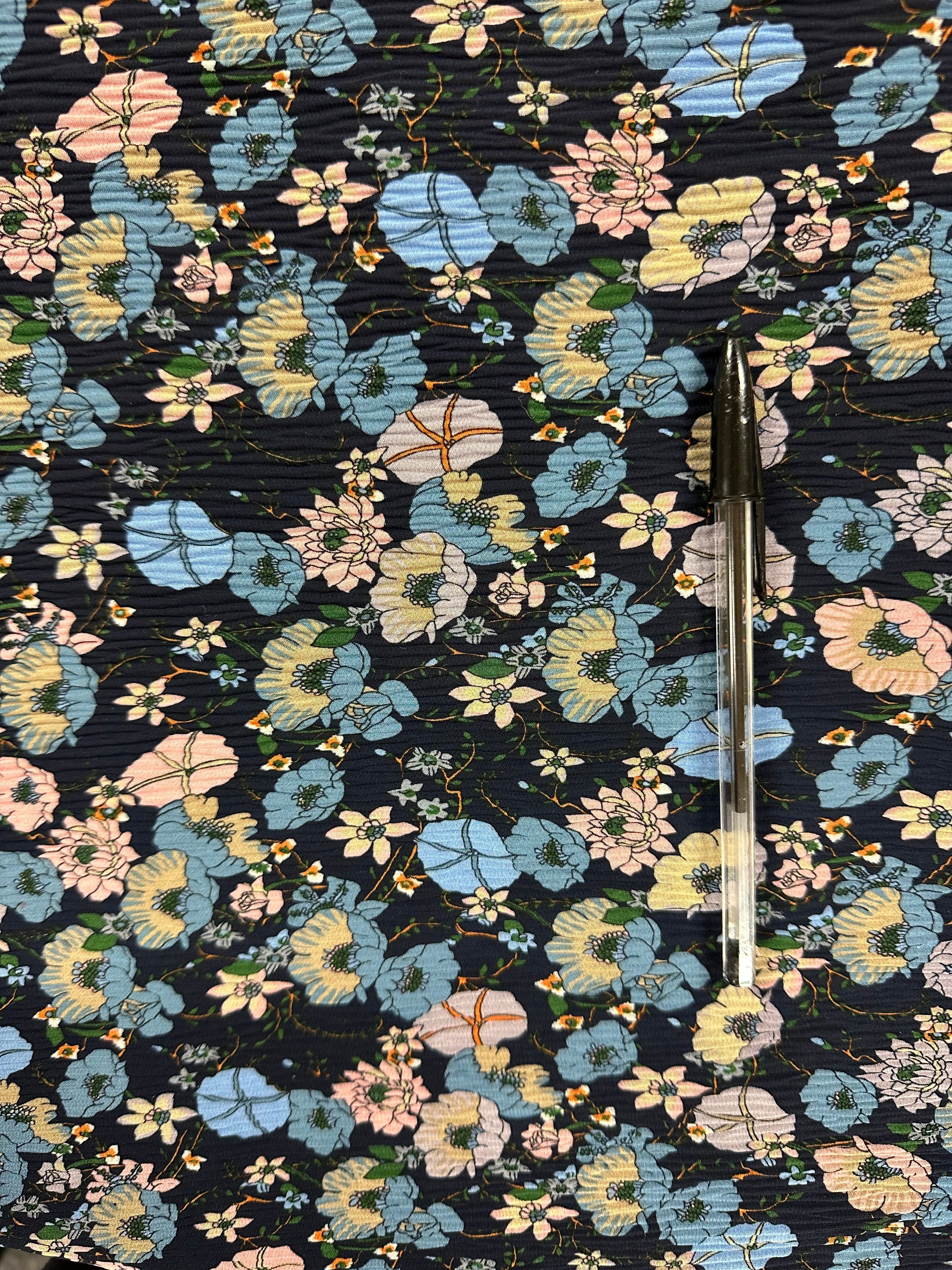 100% Polyester Fabric – Navy Base with Pink, Blue & Cream Floral Design