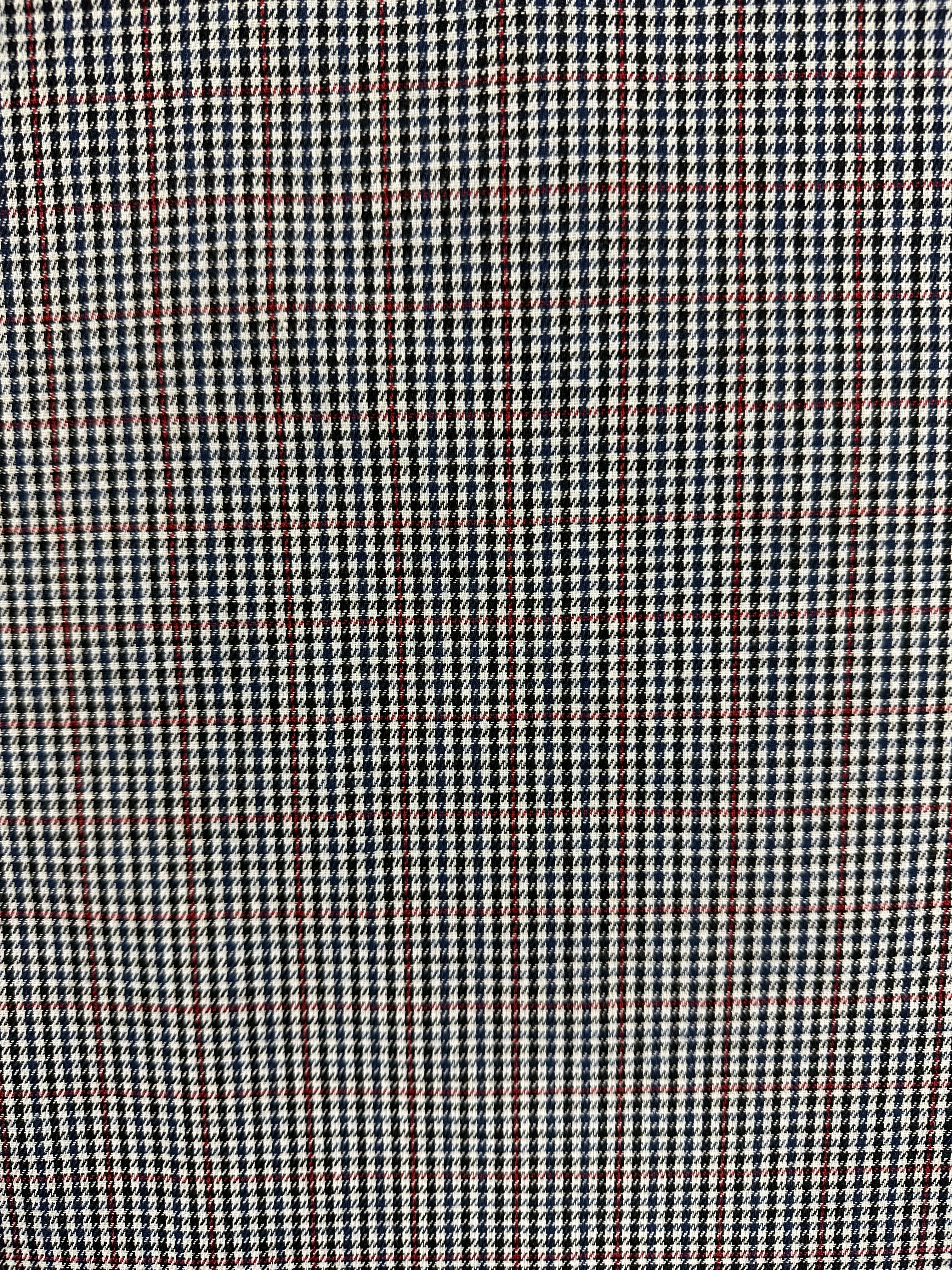 Polyester-Viscose Houndstooth Fabric – Black & Cream with Cherry Red Detailing XR99