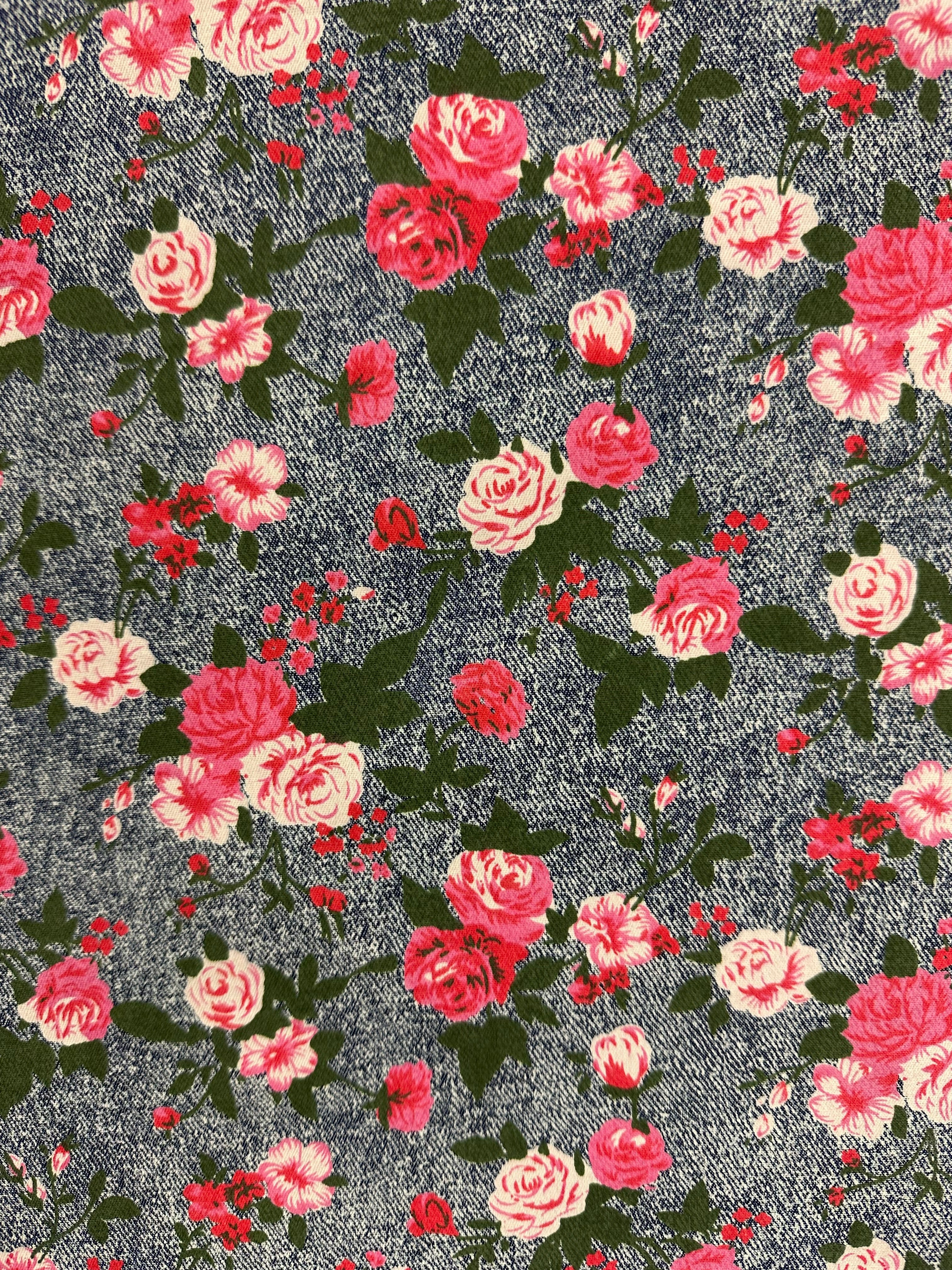 100% Cotton Mock Denim Fabric – Pink Floral with Green Leaves – 143 cm Wide AW306