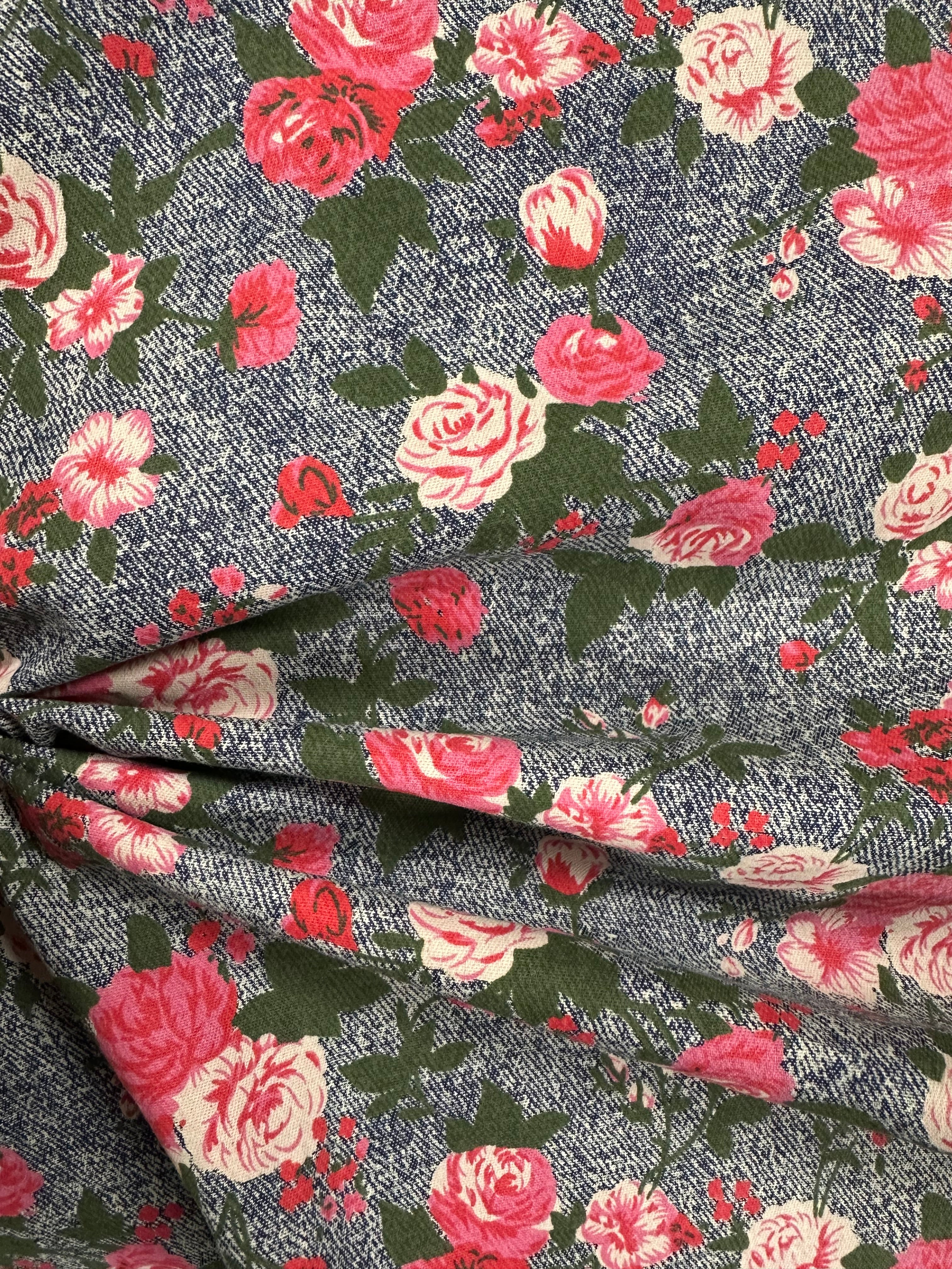100% Cotton Mock Denim Fabric – Pink Floral with Green Leaves – 143 cm Wide AW306