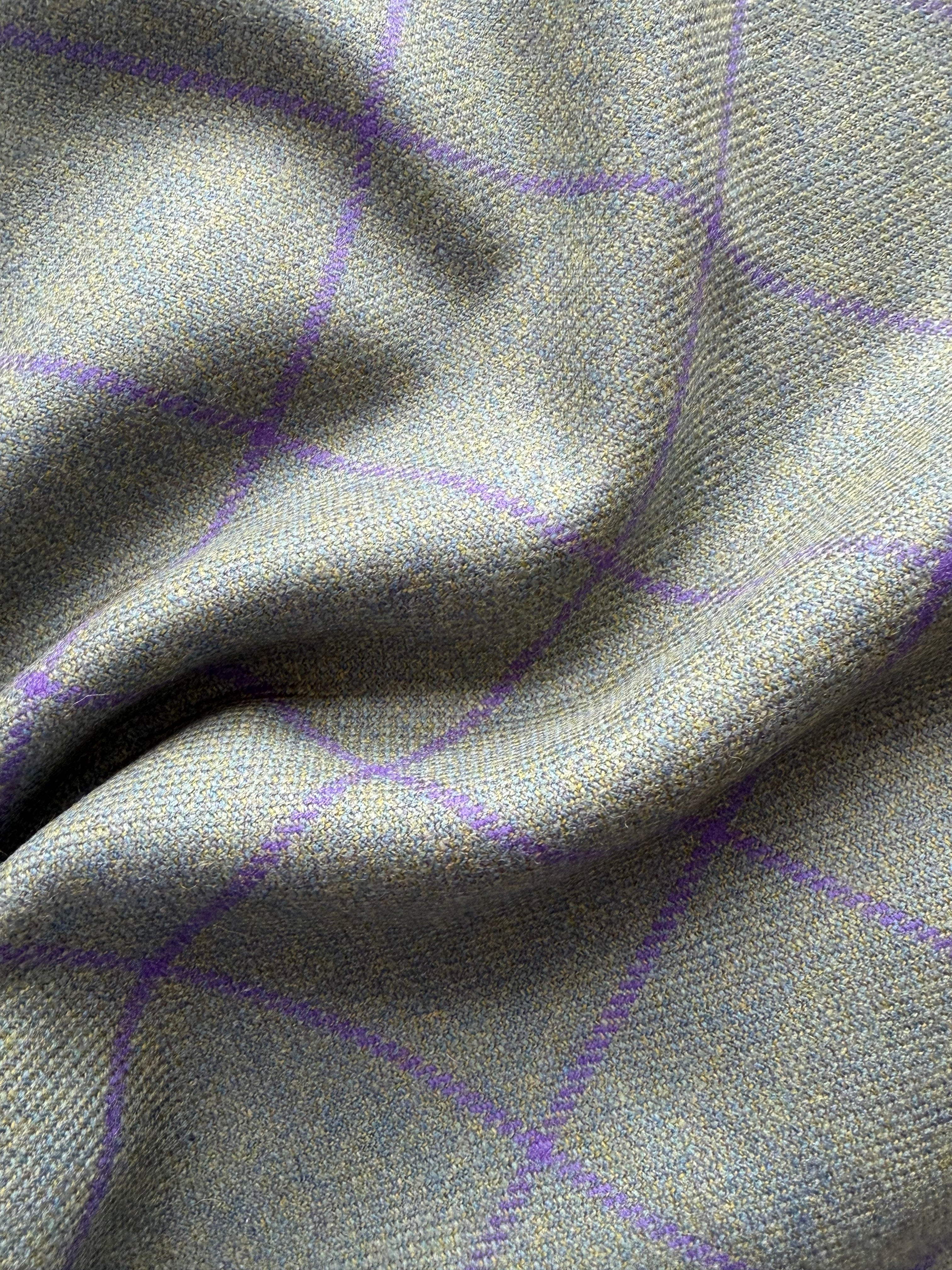 Green Wool Fabric Remnant with Purple Lattice Design – 100% Wool 1 METRE PIECE