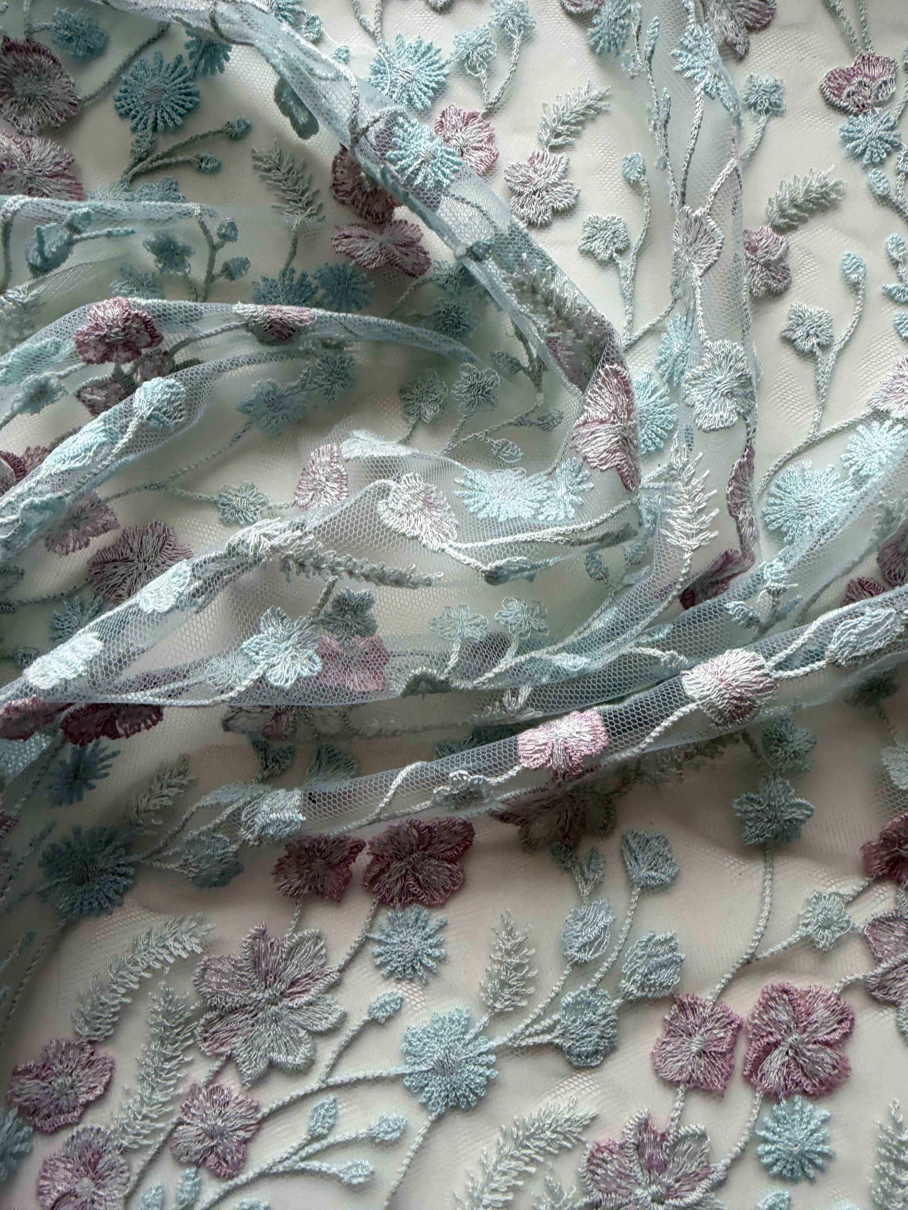 Blue Blossom Embroidered Tulle Lace Remnant – 2.8 Metres x 132cm