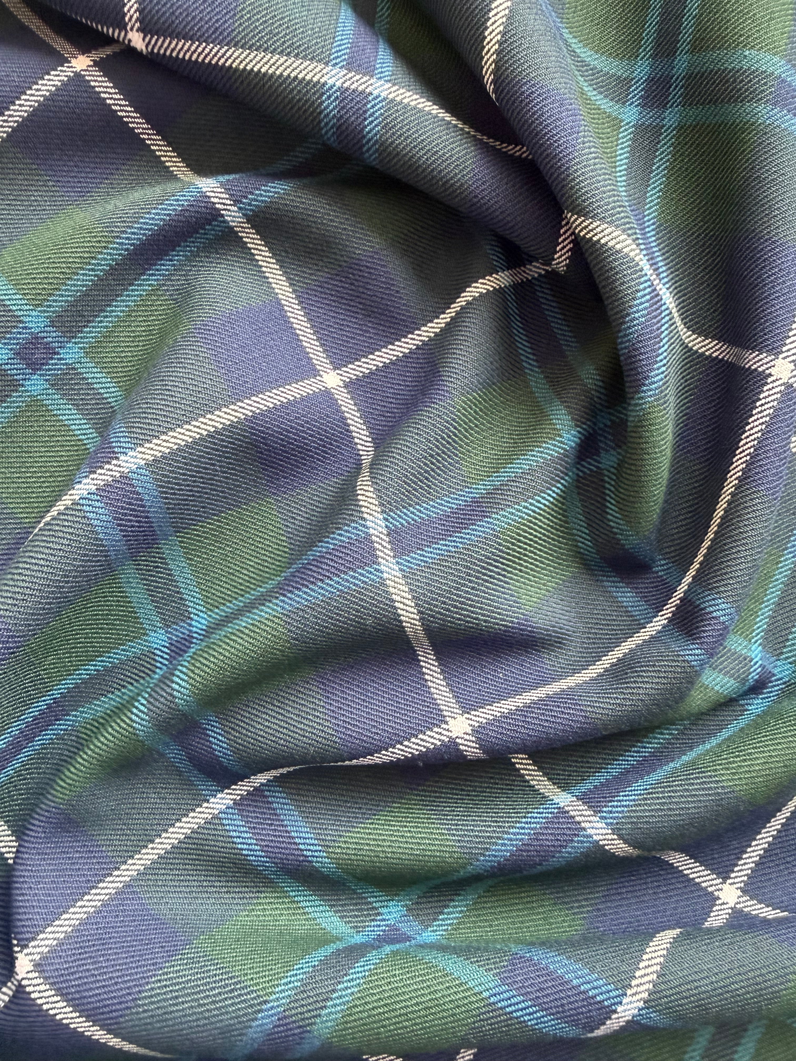 Blue & Green Tartan Plaid Wool Blend Fabric with White Overlay – 80cm Wide